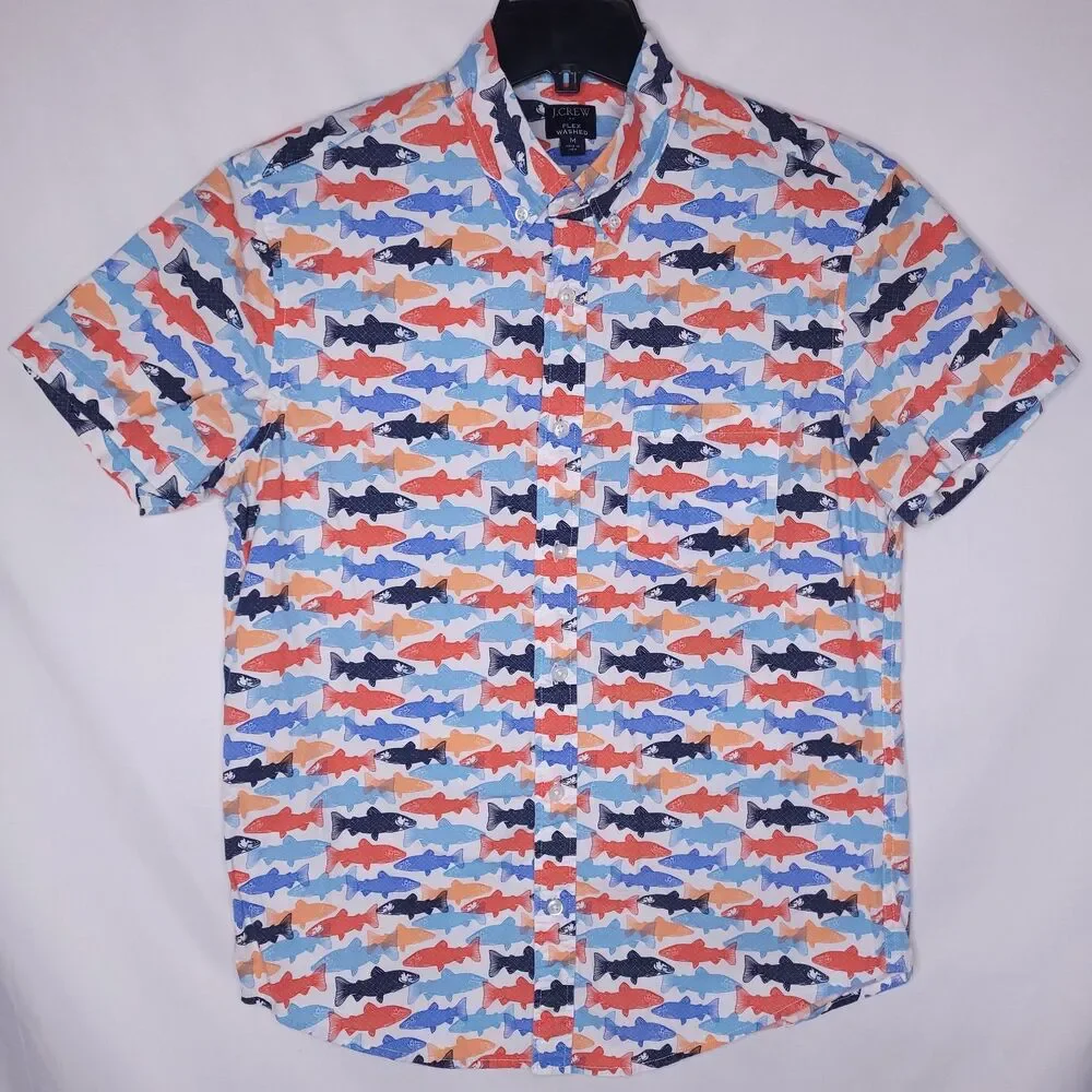 J Crew Shirt Mens Medium Trout Print Colorful Short Sleeve Flex Washed Slim Fit